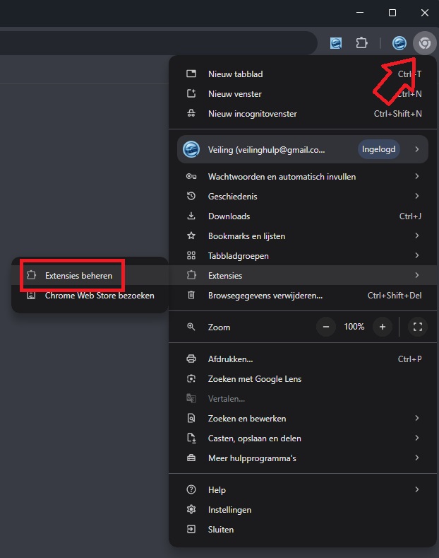 Het menu-item Extensies beheren
