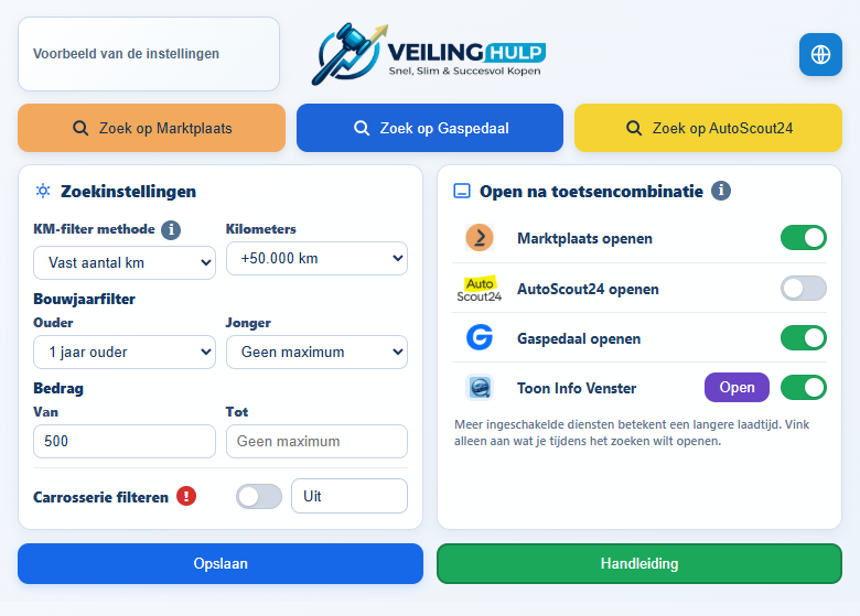 Voorbeeld van de VeilingHulp-extensiepopup