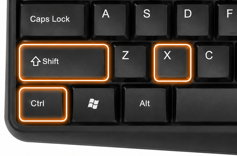 De toetsen Ctrl, Shift en X op een toetsenbord uitgelicht